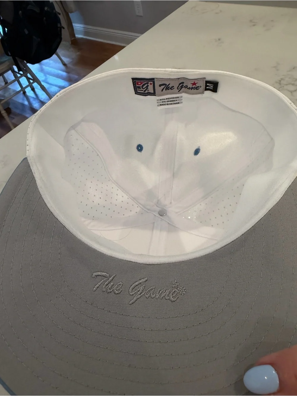 The Game White and Light Blue Snapback Hat with Red 'P' Emblem